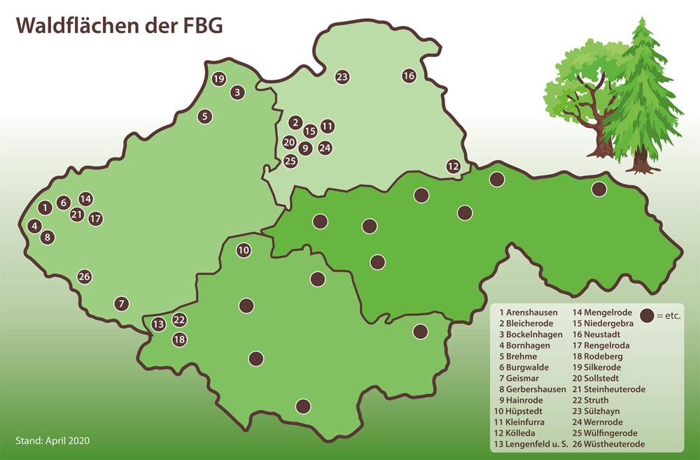 Karte mit Waldflächen der FBG Nordthüringen